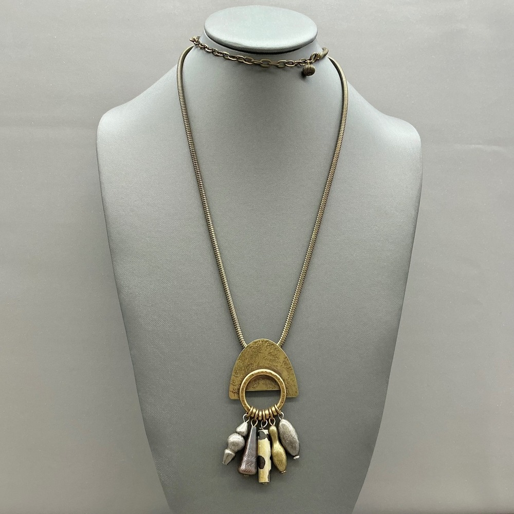 Marjorie Baer Necklace Vintage Brass Tone Snake Chain Mixed Metal Dangle Pendant
